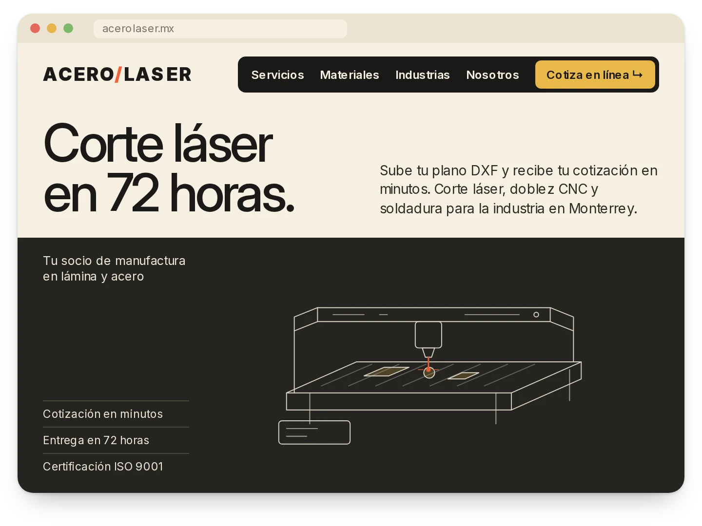 Sitio web de un taller de corte láser con botón para cotizar en línea